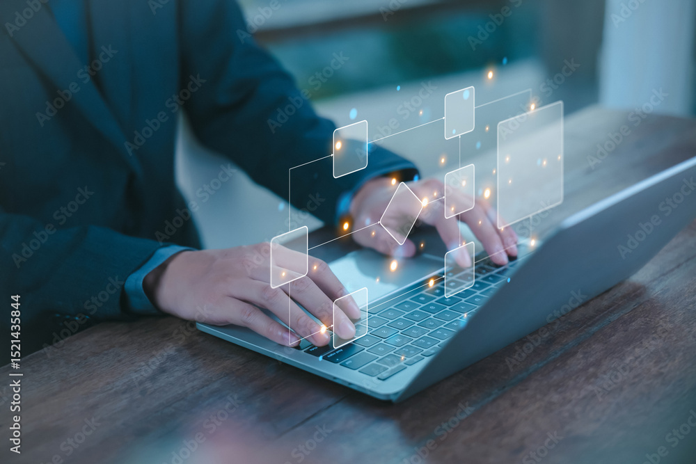 workflow process, programming to streamline strategy, and implement software. Concept of design for automation flowchart of business, model flow diagram of work. Scheme chart of the solution business